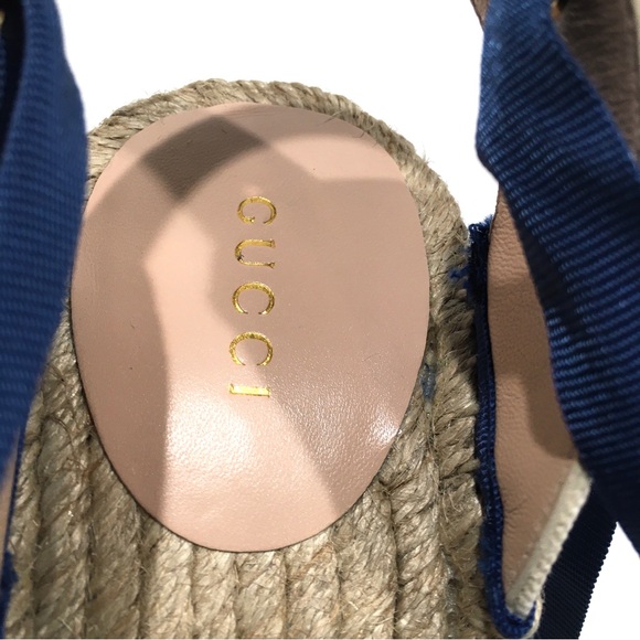 GUCCI GG RIBBON TIE WEDGE ESPADRILLES -WHITE /NAVY -US 8.5 -NEW - Picture 8 of 10